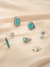 Women's Turquoise Ring Set - Multi-Piece Set of Vintage Bohemian Alloy Jewelry for Women's Holidays, Beach Vacations and Everyday Wear cheap Women's Rings-Women's Turquoise Ring Set - Multi-Piece Set of Vintage Bohemian Alloy Jewelry for Women's Holidays, Beach Vacations and Everyday Wear