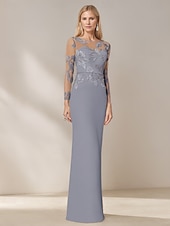 preiswerte Bodenlänge-Meerjungfrau  Trompete Mutter der Braut Kleid Elegantes Einfach Bootsauschnitt Floral Bestickte Spitze Bodenlänge Chiffon Lange Ärmel mit Kristallgürtel