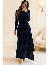 preiswerte Cocktailkleider-blau rot schwarz Etuikleid/Säule Abendkleid elegantes Kleid formalen Herbst knielang Langarm Rundhalsausschnitt Samt mit Falten gerafft 2025