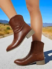 abordables Cowboy y botas occidentales-Botines de piel sintética color vino tinto para mujer: botas cortas de tacón bajo estilo western informal para el trabajo, viajes y atuendos cotidianos.