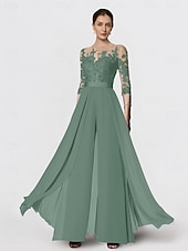 olcso Anya kombinéi-Overál Anyósruha Formális Esküvői Vendég Elegáns Parti Kerek nyakú Csonk Hosszú Chiffon Csipke 3/4 Hosszú Ujjú Rátétekkel