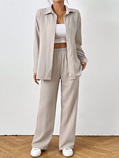 abordables Ensembles-Femmes Mode Streetwear Ensembles de Pantalons manche longue Col de chemise Couleur Unie Tenue quotidienne Date Noir Beige Gris Printemps Coupe régulière