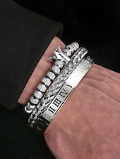 economico Gioielli da uomo-set di bracciali da uomo in acciaio inossidabile dorato: bracciale a 3 pezzi con corona di perline, polsino intrecciato e bracciale con numeri romani per abiti alla moda, feste e occasioni speciali