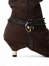 levne Slouch Boots-Dámské semišové kozačky v moka hnědé barvě do půli lýtek s pleteným páskem, překlápacím designem a kotníkovými podpatky, městská ležérní módní obuv pro každodenní streetwear.