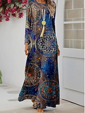 preiswerte Boho Kleid-Damen Maxikleid A Linie Kleid Sommerkleid Urlaub Lässig Boho Täglich Normale Passform Grafik Geometrisch Langarm Rundhalsausschnitt Blau Sommer Frühling Herbst Winter