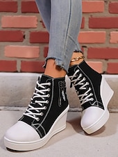 tanie Trampki damskie-damskie buty sportowe na koturnie z denimu, sznurowane z przodu i zapinane na suwak z boku, codzienne buty na wysokiej platformie do noszenia na co dzień