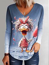 ieftine Tricou cu animale-Pentru femei Tricou Ombre Grafic Rață Epocă Stilat Clasic Manșon Lung În V Topuri obișnuite Zilnic Imprimeu Albastru piscină Mov Trifoi Gri Primăvară Toamnă Iarnă