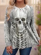 levne Halloweenské topy-Dámské topy plus size s potiskem lebek, dlouhý rukáv, kulatý výstřih, ležérní, denní, polyester, podzim, zima, černá, bílá