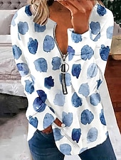 baratos Tops Listrados e Geométricos-Mulheres Moletom Moletons com zíper Gráfico Geométrica Poá Moda Casual Manga Longa Gola Redonda Tops regulares Rua Dia a Dia Zíper Imprimir Azul Primavera Outono Inverno