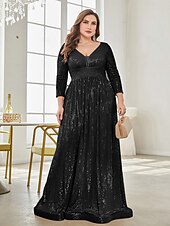 economico Semi-formale / Cocktail-Linea ad A Lunghezza al pavimento Abiti da festa Elegante Manica Lunga Scollo a V Formale Invitato a matrimonio autunnale Con Paillettes con Glitter Paillettes