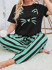 Per donna Attivo Blusa Set di Pantaloni Manica Corta Girocollo Gatto A righe Stampato Vacanza Casual Quotidiano Nero Giallo Rosa Autunno Vestibilità regolare economico Abiti da donna con camicetta-Per donna Attivo Blusa Set di Pantaloni Manica Corta Girocollo Gatto A righe Stampato Vacanza Casual Quotidiano Nero Giallo Rosa Autunno Vestibilità regolare