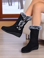 זול מגפי שלג וחורף-מגפי חורף שחורים לנשים עד אמצע השוק - מגפי שלג עם בטנת פרווה רכה, עקב טריז נגד החלקה, נעלי טרקים וטיולים חמות