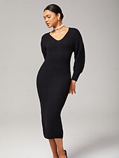 economico Abiti floreali-elegante abito nero in maglia da donna con scollo a cuore, maniche a lanterna che stringono la vita, aderente, elegante, quotidiano, autunno