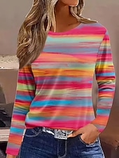 tanie Koszulka w paski i geometryczna-Koszulka damska T-shirt Długi rękaw Graficzna Geometryczna Pasiasta Vintage Stylowa Klasyczna Długi rękaw Crew Neck Okrągły Dekolt Regularne Topki Codzienny Druk Tęcza Wiosna Jesień Zima Przedjesień