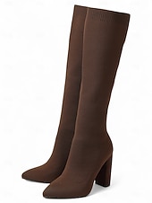 abordables Botas de moda-Botas altas hasta la rodilla rojas para mujer: botas largas de punto elástico, punta puntiaguda y tacón grueso para atuendos de otoño-invierno, fiestas y looks urbanos de moda.