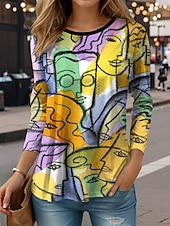 abordables T-shirt Art &amp; Design-Femmes T-shirt Graphique Abstrait ancien Élégant Occasionnel manche longue Col ras du cou Hauts Réguliers Quotidien Imprimé Jaune Rouge Violet Vert Printemps Automne