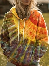 voordelige Boho Tops-Dames Trui met capuchon Sweatshirt Grafisch Regenboog Casual Boho Lange mouw Capuchon Normale tops Straat Dagelijks gebruik Afdrukken Voorvak Rood blauw Paars Oranje Lente Herfst Winter