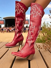 Недорогие Ковбой и западные ботинки-Женские коричневые ковбойские сапоги выше колена в стиле вестерн — ковбойские сапоги из искусственной кожи с вышивкой, острым носком и блочным каблуком для уличного стиля, повседневных нарядов на