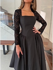 abordables Robes Courts &amp; Mini-Robe de cocktail trapèze noire en crêpe extensible à manches longues, robe de soirée élégante, longueur thé, longueur midi, col carré, dentelle extensible avec poche froncée, 2025