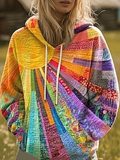 cheap Boho Tops-Women&#039;s Pullover Hoodie Sweatshirt Graphic Rainbow Casual Boho Long Sleeve Hooded Regular Tops Street Dailywear Print Front Pocket Yellow Pink Blue Orange Fall Winter