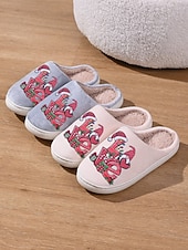 ieftine Flip-Flops de Damă-Papuci de Crăciun bej pentru femei, cu căptușeală plușată și imprimeu festiv cu dragoste – pantofi de iarnă confortabili pentru interior, pentru sărbători, acasă și cadouri