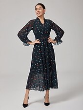 baratos Vestidos Florais-Mulheres Vestido casual Vestido Longo Vestido Maxi Preto Manga Longa Papagaio gravata na frente Primavera &amp; Outono Estações Cruzadas Decote V Férias S M L