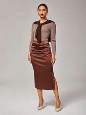 preiswerte Röcke-Damen Stretch Perlglanz Satin Elastische Taille Midirock Elegant Büro &amp;Partykleidung