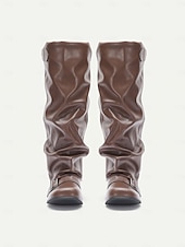 abordables Bottes à la mode-Bottes d&#039;équitation marron pour femmes - style équestre souple en similicuir avec sangles à boucle et talon bas, chaussures décontractées d&#039;automne et d&#039;hiver pour événements en plein air, festivals