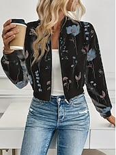 levne letecká bunda-Dámské Neformální bunda Zahřívací Rychleschnoucí Zip Kapsy Elegantní Módní Denní Jednoduchý Květinový Dovolená Ležérní Denní Běžné / Denní Krátké baseballový obojek Běžný Dlouhý rukáv Svrchní oděvy