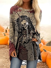 billige Halloween topper-Halloween Dame T skjorte Grafisk Hodeskaller Årgang Stilfull Fritid Langermet Crew-hals Lange topper Daglig Trykt mønster Rød Lilla Oransje Kakifarget Vår Høst