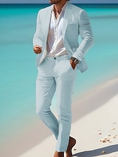 abordables Blazers Classiques pour Hommes-Homme Blazer en lin Ensemble Affaires Cocktail Fête de mariage Mode Occasionnel Printemps Automne 30% Lin 60% polyester Uni Avec Poches 2 pièces Confortable Simple Boutonnage veste Blanche Kaki Bleu