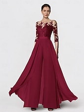 olcso Anya kombinéi-Overál Anyósruha Formális Esküvői Vendég Elegáns Parti Kerek nyakú Csonk Hosszú Chiffon Csipke 3/4 Hosszú Ujjú Rátétekkel