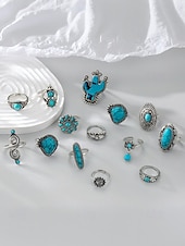 Women's Turquoise Ring Set - Multi-Piece Set of Vintage Bohemian Alloy Jewelry for Women's Holidays, Beach Vacations and Everyday Wear cheap Women's Rings-Women's Turquoise Ring Set - Multi-Piece Set of Vintage Bohemian Alloy Jewelry for Women's Holidays, Beach Vacations and Everyday Wear