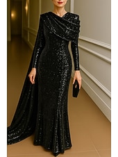 preiswerte Ballkleider-Schlauchkleid Abendkleid Elegant Formelle Kleidung Formell Hochzeit Bodenlang Langarm Hoher Ausschnitt Capes Paillettenbesetzt mit Glitzer 2025