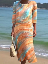 levne Umění a design šaty-Dámské maxi šaty kaftan s 3/4 rukávy kulatým výstřihem volnočasové šaty A-linie boho pravidelný střih grafické geometrické abstraktní bílé žluté modré oranžové jaro podzim