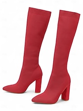 abordables Botas de moda-Botas altas hasta la rodilla rojas para mujer: botas largas de punto elástico, punta puntiaguda y tacón grueso para atuendos de otoño-invierno, fiestas y looks urbanos de moda.