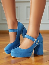 cheap 1950s-Women&#039;s Blue Suede Mary Jane Block Heel Pumps – Platform Round Toe Buckle Strap 1950s Vintage Party Shoes for Weddings, Cocktail, and Evening Outfits