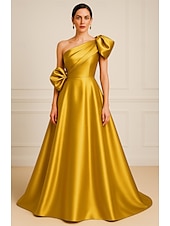 baratos Vestidos de Noite-Vestido de Gala A-Line Vestido Elegante Formal Casamento Comprimento do Chão Sem Mangas Um Ombro Cetim com Bolsos e Pregas Flor de Ombro