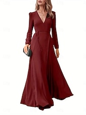 ieftine Rochii din chiffon-Pentru femei Rochie Maxi lungă Rochie Boho pentru invitați de nuntă Elegant Boemia Stilat Fit regulat Simplu Manșon Lung În V Negru Roșu Vin Trifoi Primăvară Toamnă