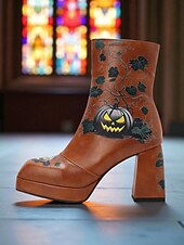 levne Pro ženy-Dámské kotníkové boty na platformě na halloween – černá umělá kůže s potiskem dýně, úzké podpatky a boční zip, strašidelný gotický styl pro kostýmní večírky, tematické akce a koledování.