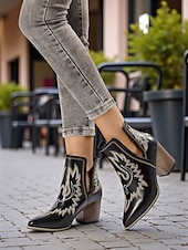 levne Cowboy &amp; Western Boots-Dámské kovbojské kotníkové boty v západním stylu s vyšívanými detaily, módní boty na blokovém podpatku pro běžné nošení ve městě