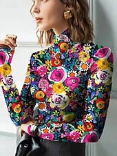 billige Blomster t-skjorte-Dame Tunika Blomstret Grafisk Planter Elegant Årgang Stilfull Langermet Høyhalset Asymmetrisk hals Vanlige topper Daglig Svart og Hvit Fuksia Oransje Vår Høst Vinter