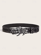 abordables Accessoires d&#039;Halloween-Ceinture gothique squelette pour femme, style punk rock, en similicuir clouté, avec boucle tête de mort, idéale pour les soirées costumées, les cosplay et les boîtes de nuit.