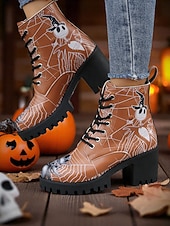 abordables Pour les femmes-Bottines de combat à talons épais pour femmes, motif tête de mort d&#039;Halloween et toile d&#039;araignée – bottines gothiques à lacets pour cosplay, porte-bonheur et mode automnale effrayante
