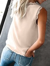abordables Hauts en dentelle-Femmes Hauts d&#039;été Uni Élégant Sans manches Col en V Hauts Réguliers Noir Blanche Rose Claire Bleu Ciel Abricot Été