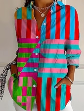  Womens Hemd Leinenähnlich Atmungsaktiv Leicht Floral Grafik Vintage Tropisch Stylisch Lange Ärmel Hemd Kragen Reguläre Oberteile Arbeit Tägliche Patchwork Knöpfe Druck Regenbogen Sommer Frühling