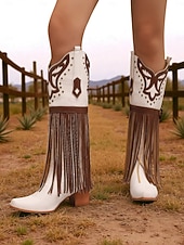 billige Cowboy og vestlige støvler-Blå og brune cowboystøvler med westernfrynser til dame – knehøye støvler med broderi i imitert skinn for rodeo-stil, countrykonserter og festivalantrekk