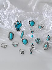 Women's Turquoise Ring Set - Multi-Piece Set of Vintage Bohemian Alloy Jewelry for Women's Holidays, Beach Vacations and Everyday Wear cheap Women's Rings-Women's Turquoise Ring Set - Multi-Piece Set of Vintage Bohemian Alloy Jewelry for Women's Holidays, Beach Vacations and Everyday Wear