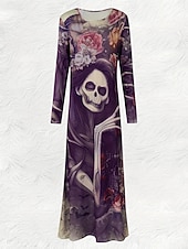 levne Halloweenské šaty-Halloween dámské šaty maxi s potiskem lebek shift šaty A-line šaty ležérní denní regular fit grafika býk dlouhý rukáv kulatý výstřih černá fialová podzim zima
