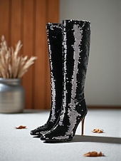 baratos Festa da Vida Noturna-Botas femininas de cano alto com lantejoulas - botas de festa com salto agulha brilhante para mulheres, calçados da moda glamorosos para boates, apresentações no palco e trajes de noite